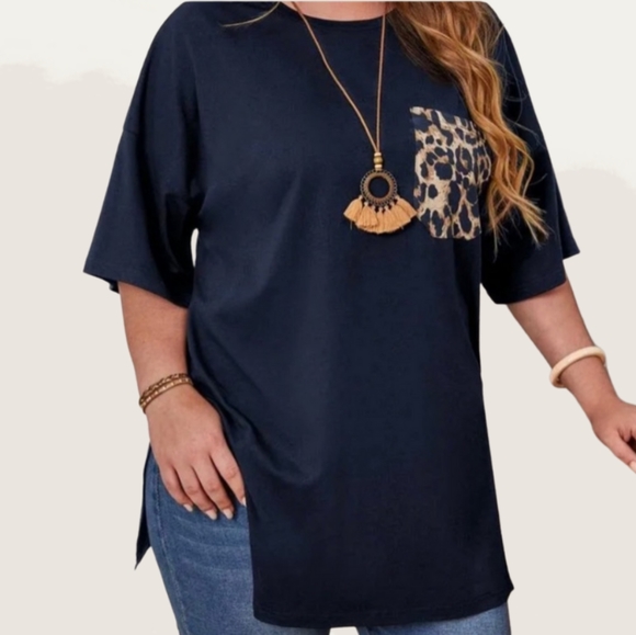 Plus Size Tunic Cheetah Pocket Navy Southern Chic Short Sleeve - Picture 2 of 3